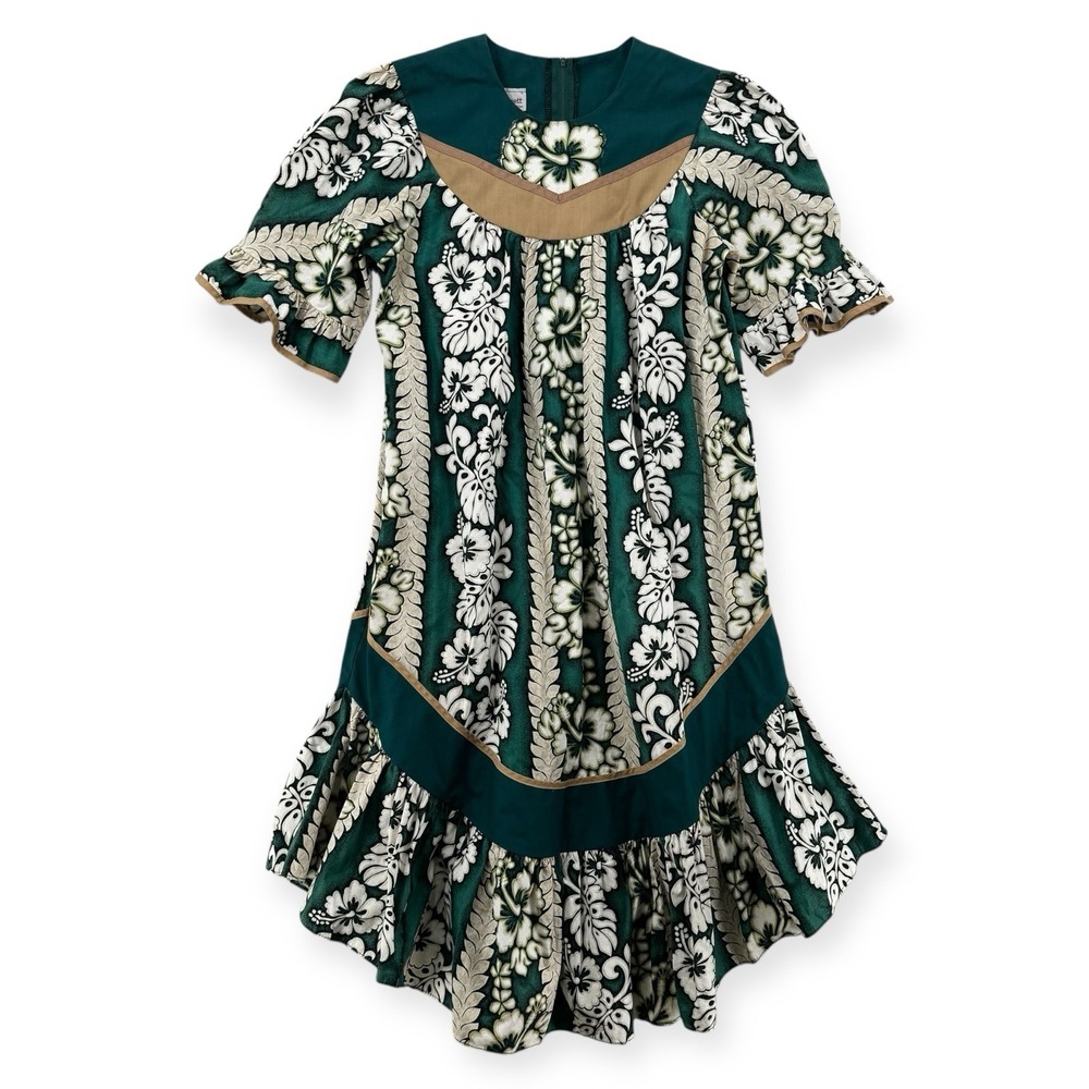 Vintage Carol Bennett Muumuu Hawaiian Dress Womens Small Green Floral Ruffle‎